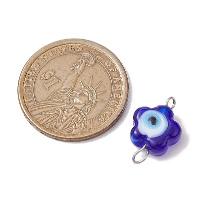 Handmade Blue Evil Eye Flower Lampwork Links Connector Charms PALLOY-JF02845-1