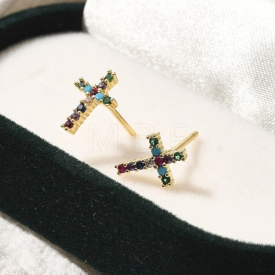 Rack Plating Cross Brass Micro Pave Cubic Zirconia Stud Earrings EJEW-H143-19G-1