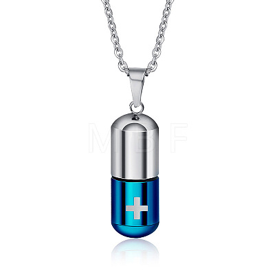 Two Tone 316L Stainless Steel Pill with Cross Urn Ashes Pendant Necklace with Cable Chains BOTT-PW0001-010PBU-1
