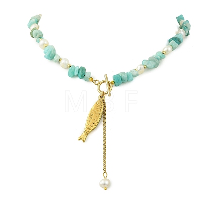 304 Stainless Steel Fish Pendant Natural Amazonite Chip and Pearl Beaded Necklaces for Women NJEW-JN06299-01-1