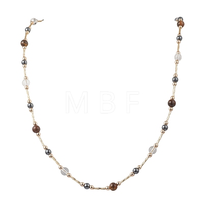 Round Synthetic Non-Magnetic Hematite & Quartz Crystal & Natural Tiger Eye and Glass Twisted Bugle Beaded Necklaces NJEW-JN05726-1