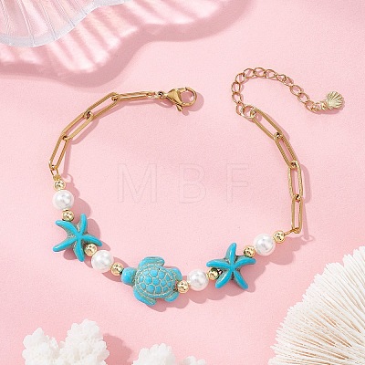 Synthetic Turquoise & Shell Pearl Beaded Link Bracelets BJEW-JB13807-1