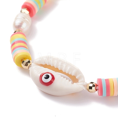 Natual Shell with Evil Eye & Pearl Braided Bead Bracelet BJEW-TA00049-01-1