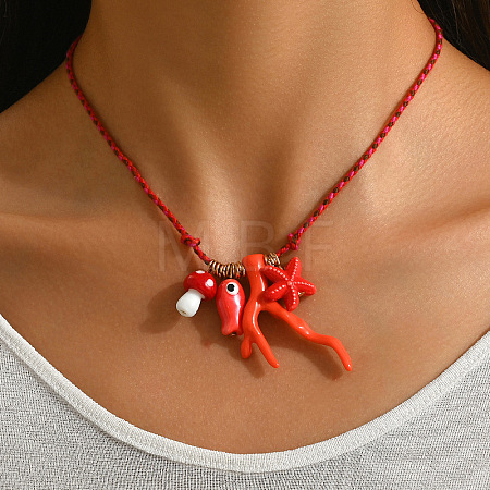 Summer Beach Porcelain Coral Fish Starfish Mushroom Pendant Cotton Cord Necklaces FS-WGEA949-01-1