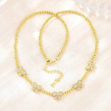 Brass Micro Pave Clear Cubic Zirconia Butterfly and Round Beaded Necklaces KK-CBA4547-13G-1