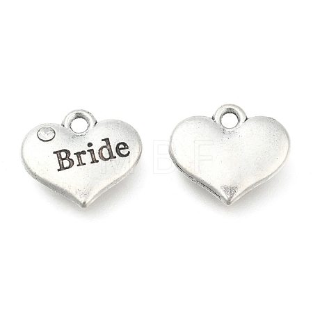 Wedding Theme Antique Silver Tone Tibetan Style Heart with Bride Rhinestone Charms X-TIBEP-N005-12E-1