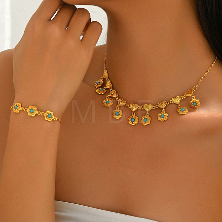 Vintage Brass Heart Flower Pendant Necklace & Bracelet Set for Women RG3291-1