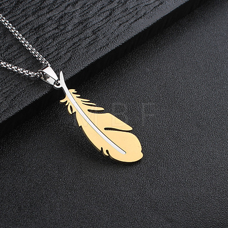 Two Tone 304 Stainless Steel Feather Pendant Box Chain Necklaces for Men WGE9FDE-02-1