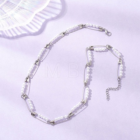 Round Acrylic Imitation Pearl Beaded Iron Safety Pin Link Chain Necklaces NJEW-JN05671-1
