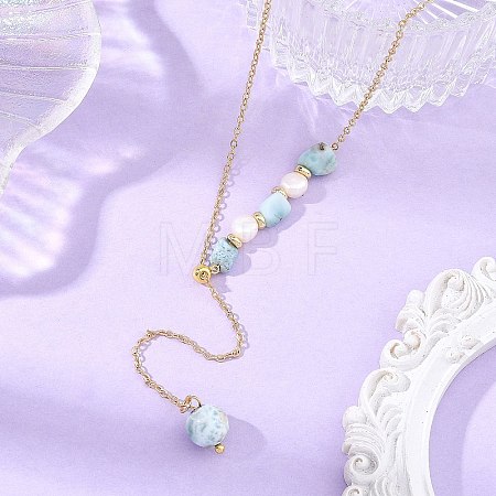 Natural Larimar Round Pendant Brass Cable Chain Lariat Y Necklaces with Natural Pearl for Women NJEW-JN06611-01-1