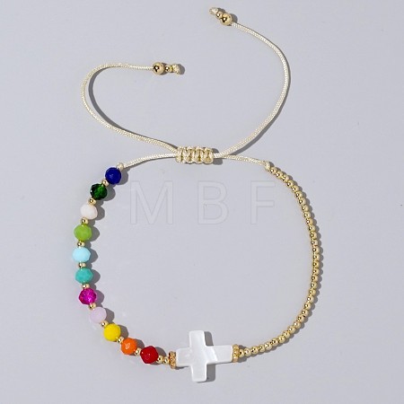 Adjustable Glass & Brass Beads Braided Bead Bracelets TB8315-2-1