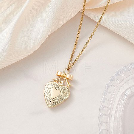 Alloy Bowknot Heart Locket Pendant 304 Stainless Steel Cable Chain Necklaces for Women NJEW-JN05904-1