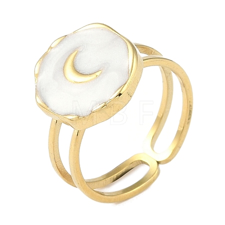 Ion Plating(IP) 304 Stainless Steel Enamel Flat Round with Moon Finger Rings RJEW-L107-065G-01-1
