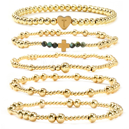 5Pcs Brass & Natural African Turquoise(Jasper) Beads Stretch Bracelets for Women BK1359-8-1