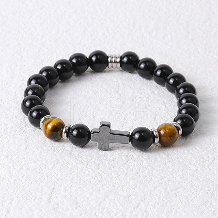 Round Natural Tiger Eye & Black Onyx & Cross Synthetic Non-magnetic Hematite Stretch Beaded Bracelet for Men LK6258-1-1