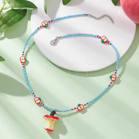 Teachers' Day Resin Cute Apple Core Pendant Polymer Clay & Glass Seed Beaded Necklaces for Women NJEW-TA00231-1
