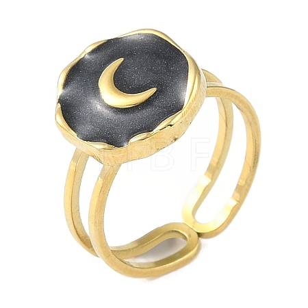 Ion Plating(IP) 304 Stainless Steel Enamel Flat Round with Moon Finger Rings RJEW-L107-065G-02-1