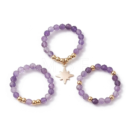 3Pcs 3 Style Natural Amethyst Beaded Stretch Rings Set RJEW-JR00647-01-1