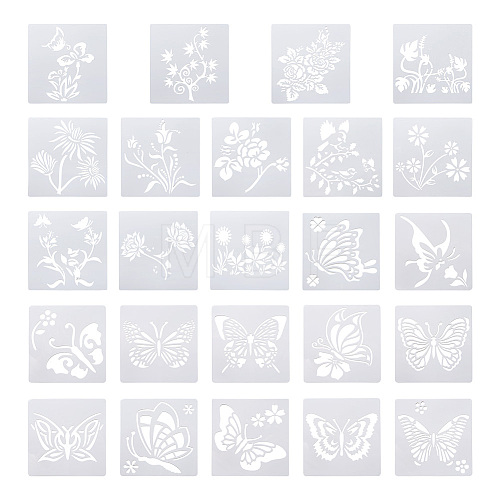 2Sets Square with Floral & Butterfly Pattern PET Drawing Stencil DIY-CW0001-12-1
