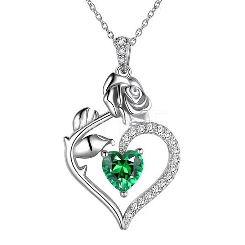 Rhodium Plated 925 Sterling Silver Pave Cubic Zirconia Rose Heart Birthstone Pendant Cable Chain Necklaces PW-WGEE50C-05-1