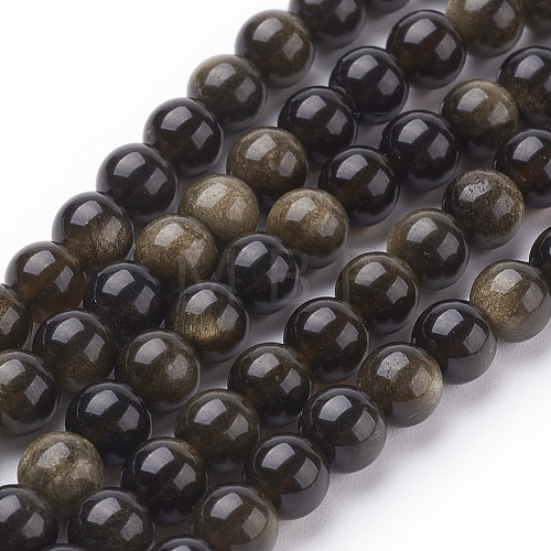 Natural Golden Sheen Obsidian Beads Strands X-G-C076-6mm-5-1