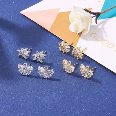 4 Pairs 2 Style Brass Micro Pave Clear Cubic Zirconia Stud Earring Findings KK-ZZ0001-07-1