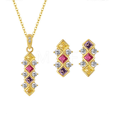 Rhombus 925 Sterling Silver Pave Colorful Cubic Zirconia Pendant Necklaces & Stud Earrings Sets for Women WGF0FD8-06-1