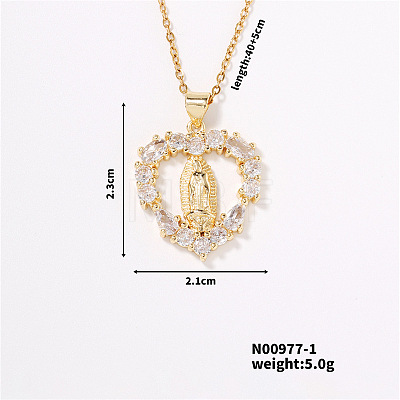 Heart Virgin Mary Brass Sparkling Crystal Rhinestone Pendant Necklaces for Women FU1707-1