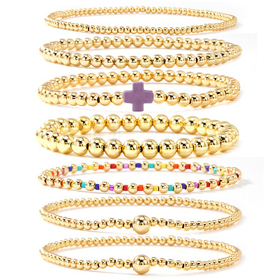 7Pcs Brass Round Beaded Bracelets for Women SB9067-10-1