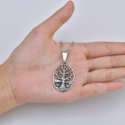 Vintage 304 Stainless Steel Hollow Oval with Tree of Life Pendant Necklaces WG4D9D4-01-1