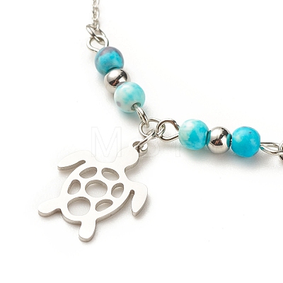 304 Stainless Steel Turtle Charm Anklet with Round Natural White Jade Beads for Women AJEW-AN00498-04-1