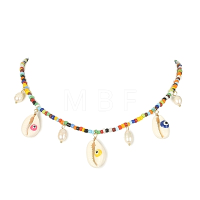 Natural Shell Evil Eye & Pearl Bib Necklace with Glass Seed Beaded Chains NJEW-TA00104-1