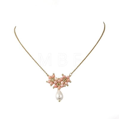 Electroplate Glass Beaded Flower Teardrop Pendant 304 Stainless Steel Cable Chain Necklaces NJEW-MZ00156-02-1