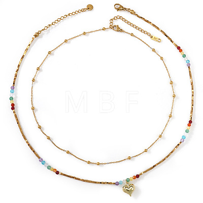 Rainbow Glass & Natural Stone & Brass Beaded Stainless Steel Chain Double Layer Necklaces with Heart Pendant for Beach Vacation Accessories TH6527-1-1