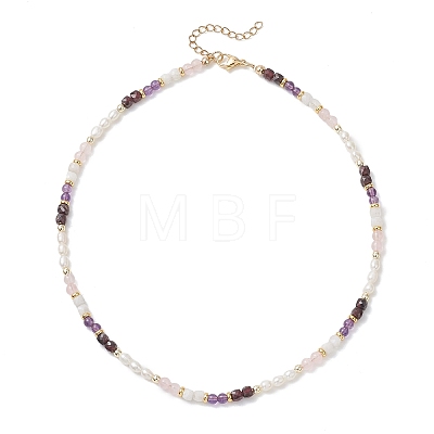Synthetic Non-magnetic Hematite & Natural Rainbow Moonstone & Garnet & Amethyst Round Cube and Natural Pearl Rice Beaded Necklaces NJEW-JN05868-02-1
