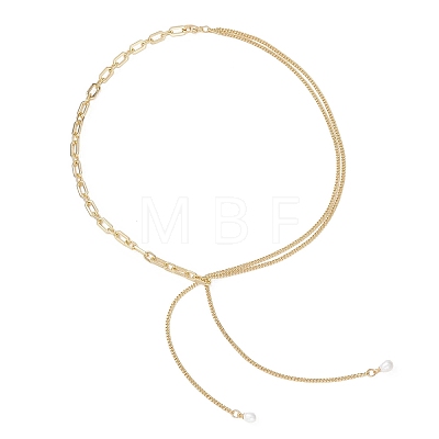Natural Pearl Round Tassel Brass Twisted Chain Cable Chain Lariat Necklaces NJEW-JN05843-1