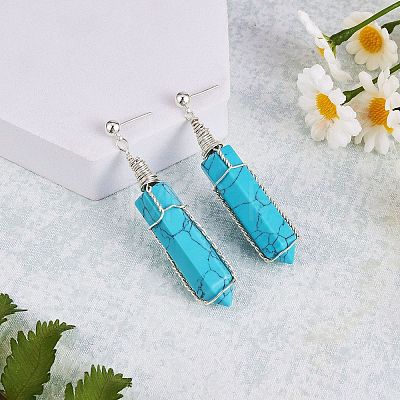 Synthetic Turquoise Bullet Dangle Stud Earrings EJEW-PH01406-02-1