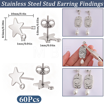 60Pcs 304 Stainless Steel Stud Earring Findings STAS-SC0021-31P-1