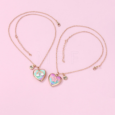 2Pcs 2 Styles Alloy Enamel Rainbow Flower Heart Photo Locket Pendant BFF Necklaces WG3E2EF-01-1