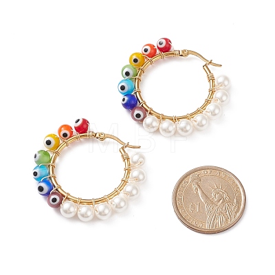 Shell Pearl & Evil Eye Lampwork Beaded Hoop Earrings EJEW-TA00115-1