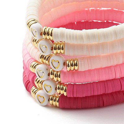 Handmade Polymer Clay Heishi Beads Stretch Bracelets Set with Heart Pattern Beads for Women BJEW-JB07449-1