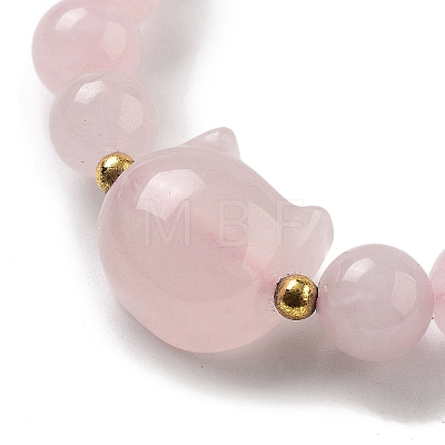 Round & Cat Head Natural Rose Quartz Beaded Stretch Bracelets for Women BJEW-K251-03C-1