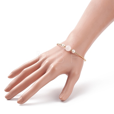 Natural Rose Quartz & Pearl Round Beaded Bangle X-BJEW-JB08464-02-1