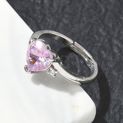 Adjustable Brass Finger Rings with Pink Heart Cubic Zirconia for Valentine's Day CU-CBA7E55-11P-1