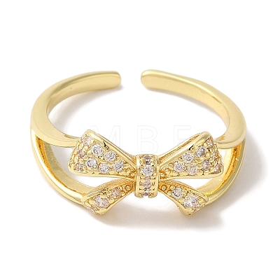 Bowknot Brass Micro Pave Clear Cubic Zirconia Open Cuff Rings for Women RJEW-C098-23G-1