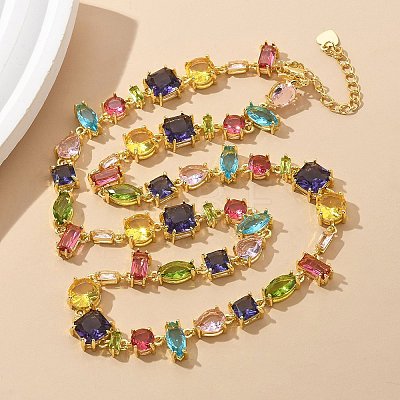 Brass Micro Pave Colorful Cubic Zirconia Link Chain Necklaces NJEW-M089-01G-1