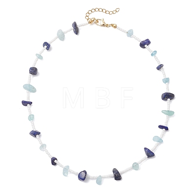 Natural Lapis Lazuli & Aquamarine Chip & Glass Seed Baeded Necklaces for Women NJEW-JN05603-02-1
