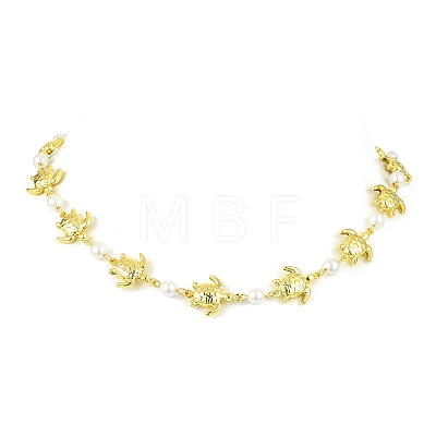 Ocean 304 Stainless Steel Sea Animals Handmade Link Chain Necklaces with White Round Shell Pearl Beads NJEW-JN06097-01-1
