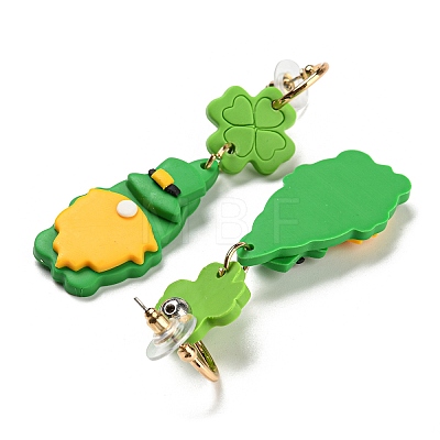 Saint Patrick's Day Polymer Clay Clover Dangle Stud Earrings EJEW-Q784-01G-01-1
