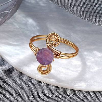 Copper Wire Wrapped Round Natural Amethyst Bead Finger Rings for Women RJEW-JR00808-01-1